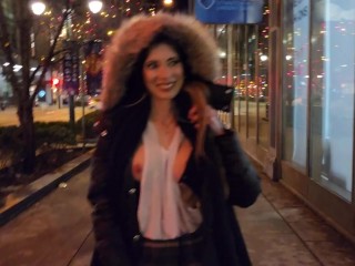 Hot wife flashing tits and pussy on the street!