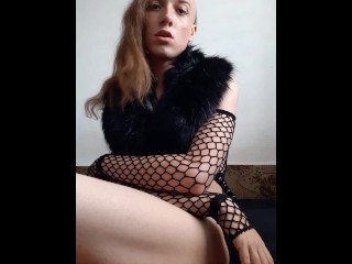 Fishnet girl in fur collar masturbares (full vid on my OF)