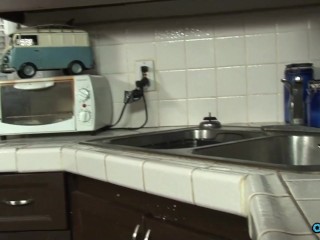 While fixing the garbage disposal the muff diver finds a dildo and uses it on the blonde tenant