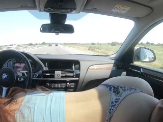 BIG Tits Redhead Give me Blowjob while Driving on HIghway PART 2