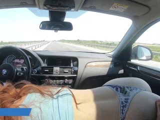 BIG Tits Redhead Give me Blowjob while Driving on HIghway PART 2