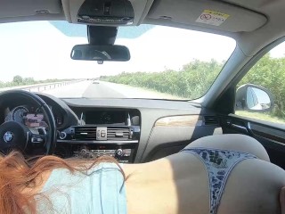 BIG Tits Redhead Give me Blowjob while Driving on HIghway PART 2