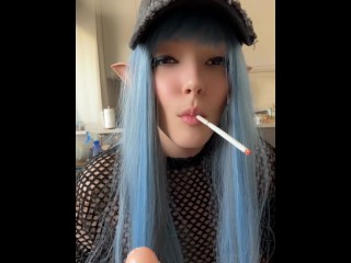 Slutty Cosplayer smoking and sucking her favourite  pink dildo (Full vid on my OnlyFans/ManyVids)