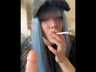 Slutty Cosplayer smoking and sucking her favourite  pink dildo (Full vid on my OnlyFans/ManyVids)