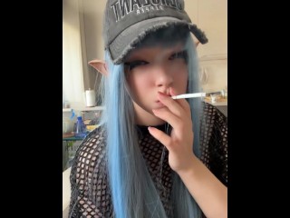 Slutty Cosplayer smoking and sucking her favourite  pink dildo (Full vid on my OnlyFans/ManyVids)