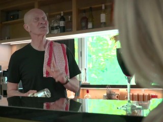 Amazing young blonde gets cum in mouth from old bartender after she gets hard pussy fucked