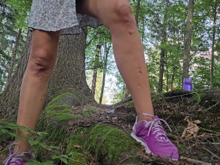 Squirt Orgasm fucking a Pine Root # Pee my watch n NO PANTIES in Canadian forest