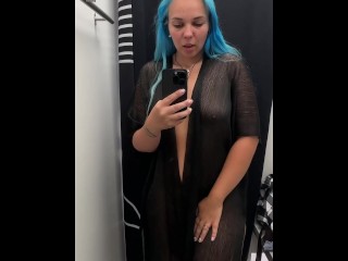 Try on transperent clothe on public, sexy milf in public with naked boobs and pussy