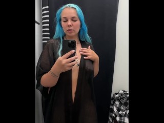 Try on transperent clothe on public, sexy milf in public with naked boobs and pussy