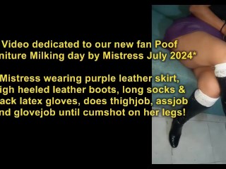 Mistress wearing purple leather skirt heeled leather boots long socks & latex gloves does thighjob