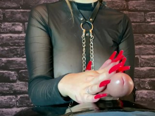 Mistress Kitty Edges Out A Big Cum Load In Sensual Handjob With Long Red Fingernails