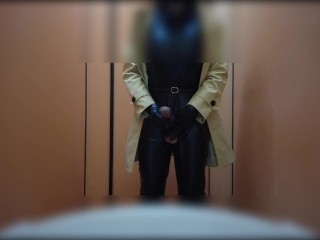 sissy latex trench coat masturbate public toilet