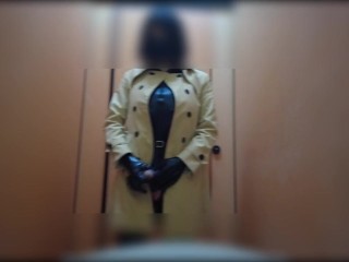 sissy latex trench coat masturbate public toilet