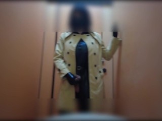 sissy latex trench coat masturbate public toilet