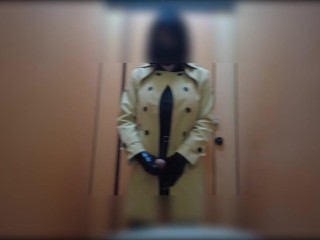 sissy latex trench coat masturbate public toilet