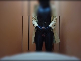 sissy latex trench coat masturbate public toilet