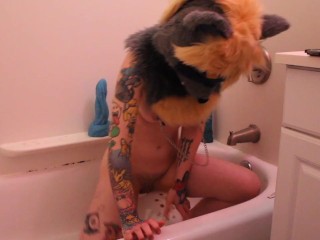 Solo Furry Girl Piss Play with Balloon in Tub