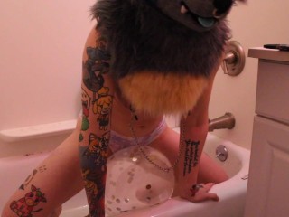 Solo Furry Girl Piss Play with Balloon in Tub