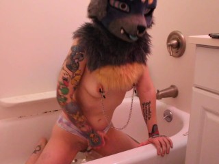 Solo Furry Girl Piss Play with Balloon in Tub