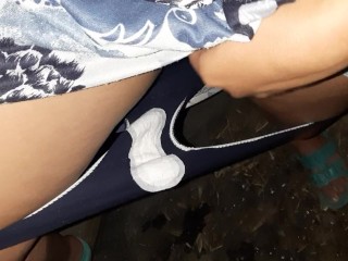 I took off my panties with a panty liner and lifted my long dress to masturbate - Lesbian_illusion