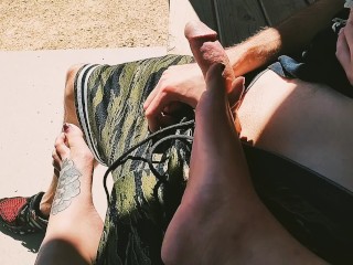 Trying To Not Get Caught In The Park Handjob & Footjob!