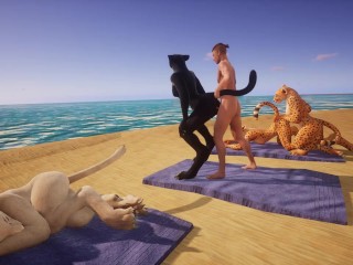 Lucky guy gets into an orgy of sexy furry girls on the beach in intense Wild Life sex