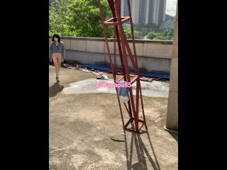 sissy wearing high heels and denim top at the construction site 1