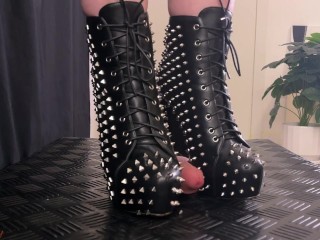 Painful CBT and Bootjob in Dangerous Spike High Heels - Shoejob, Ballbusting, CBT, Stomp, Trampling