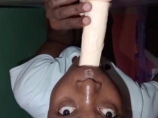 Ebony teen fucks herself with great pleasure and ends up creaming and squirting at the same time