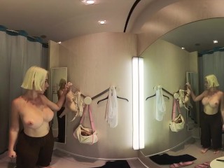 VR Try On Haul transparent clothes at the mall. Video VR 360 See thru clothes in fitting room