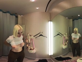 VR Try On Haul transparent clothes at the mall. Video VR 360 See thru clothes in fitting room