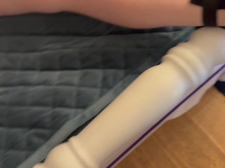 Tied to bed in white socks and Mary Jane shoes