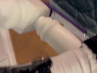 Tied to bed in white socks and Mary Jane shoes