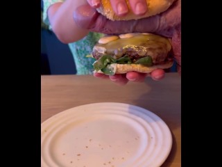 Food porn - girl jerking cock with burger