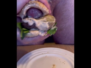 Food porn - girl jerking cock with burger