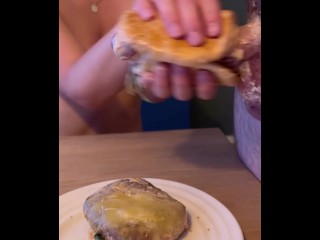 Food porn - girl jerking cock with burger