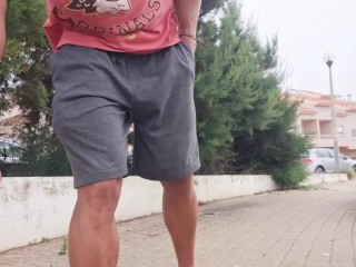 Naughty guy masturbating his big cock in a risky public place - Almost Caught