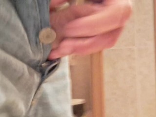 Exhibitionist guy touches his cock outdoor - girl gives him a handjob after leaving the bathroom