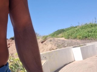 Exhibitionist guy touches his cock outdoor - girl gives him a handjob after leaving the bathroom