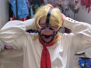 PVC office Lady Gagged and Bound with assorted vibrators in panties