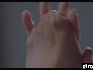 Hot lesbian pinned down and fucked by girlfriend's faux cock