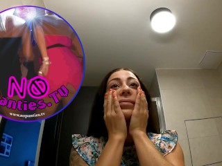 Tattooed Sexy Tight Shaved Pussy Petite Alia in the Bathroom takes off her Panties to show her Pussy