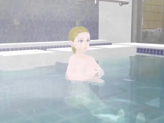 Anime woman took a bath in a Japanese public bath