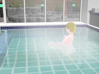 Anime woman took a bath in a Japanese public bath