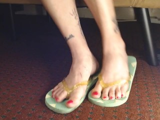 Hot Pink Painted Toenails In Flipflops Closeup