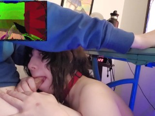 Pet catgirl gives her owner a blowjob while he plays Cruelty Squad at 1AM