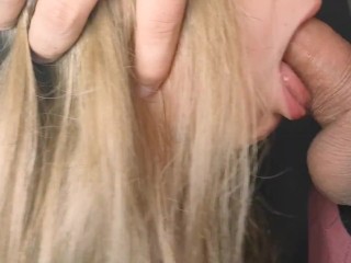 The blonde gives a sloppy blowjob, after which her mouth is filled with cum