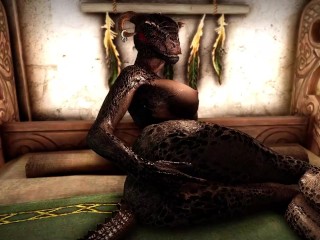 Female mage Argonian can't stop masturbating with a magic dildo.
