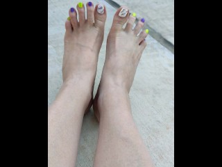 Spooky toes nail polish top of feet point of view spreading & wiggling my long toes