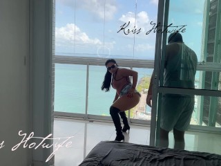 My husband's cuckold filming me showing off on the balcony to the males in the pool